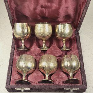 Vintage 1960s Brass Hammered Goblets Set of 6 in Case